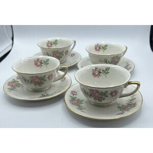 Cups and Saucers Royal Jackson Fine China Vogue Ceramic Ind. 4/4 Rosebud